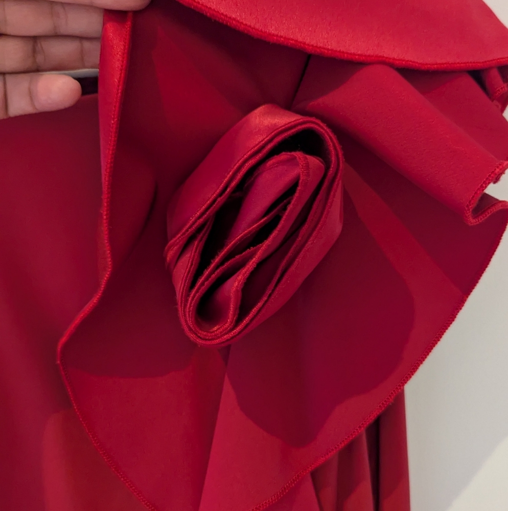Stylish Red Ruffle Midi Dress By Le Château - Picture 2 of 6